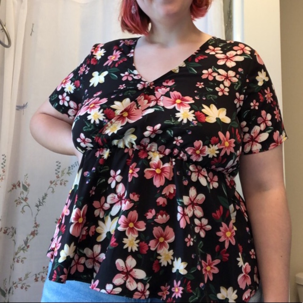 pink and black floral business casual peplum top